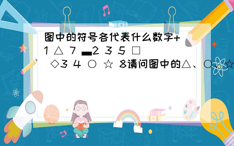 图中的符号各代表什么数字+ 1 △ 7 ▃2 3 5 □ ◇3 4 ○ ☆ 8请问图中的△、○、☆、□、▃、◇各代表什么数字.