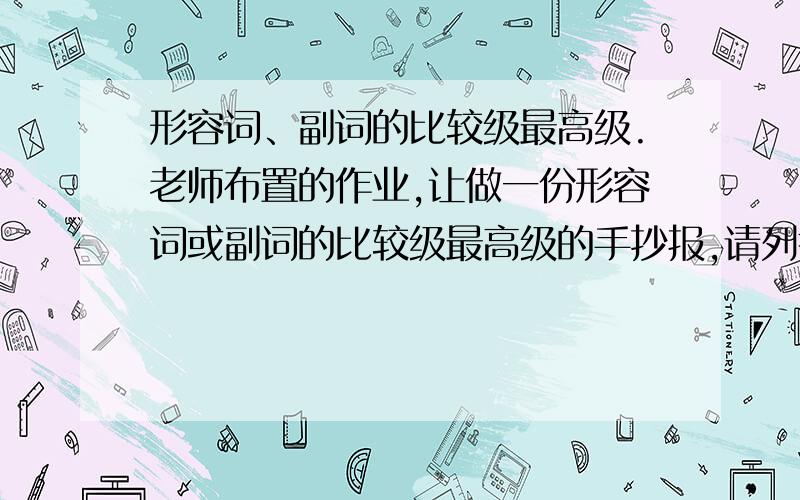 形容词、副词的比较级最高级.老师布置的作业,让做一份形容词或副词的比较级最高级的手抄报,请列举一些,三十个以上给分!格式如下：big-bigger-biggest