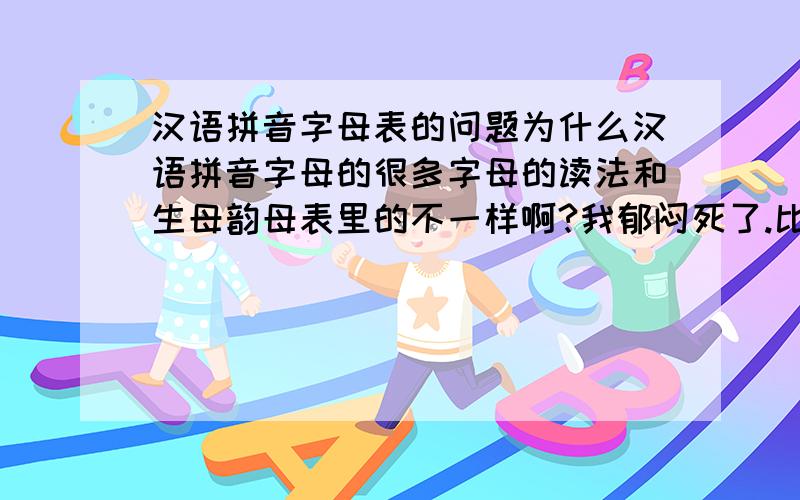 汉语拼音字母表的问题为什么汉语拼音字母的很多字母的读法和生母韵母表里的不一样啊?我郁闷死了.比如b在字母表里读（掰）,但是在声母表里读的就不是.而其字母表里的比如F就不在声母