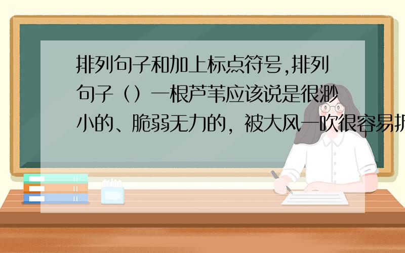 排列句子和加上标点符号,排列句子（）一根芦苇应该说是很渺小的、脆弱无力的，被大风一吹很容易折断。（）盛夏季节，每根芦苇丛秆到叶都鲜绿鲜绿，翠嫩欲滴。（）因此，只要有芦苇