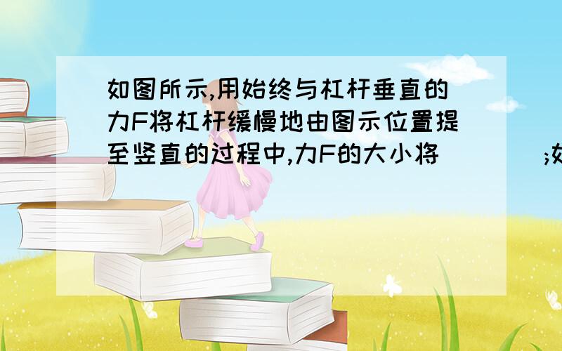 如图所示,用始终与杠杆垂直的力F将杠杆缓慢地由图示位置提至竖直的过程中,力F的大小将____;如果力F的方向始终竖直向上,将杠杆缓慢地由图示位置提至竖直的过程中,则力F的大小将_____.怎填