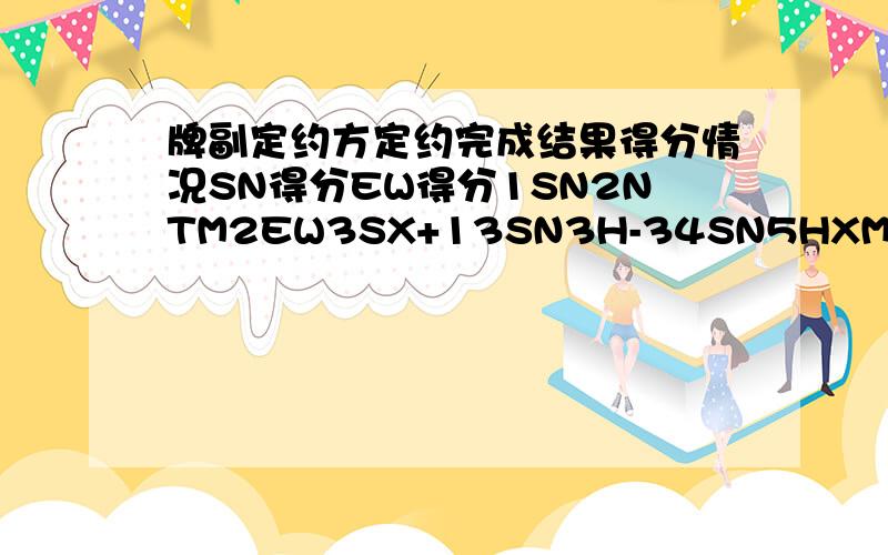 牌副定约方定约完成结果得分情况SN得分EW得分1SN2NTM2EW3SX+13SN3H-34SN5HXM5EW2C+26EW3D-17SN5DX-2