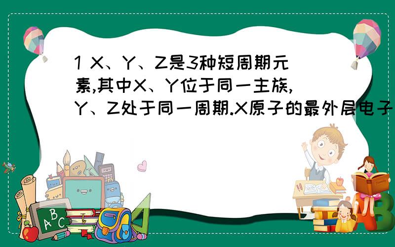 1 X、Y、Z是3种短周期元素,其中X、Y位于同一主族,Y、Z处于同一周期.X原子的最外层电子数是其电子层数的3倍.Z原子的核外电子数比Y原子1.下列说法正确的是A、元素非金属性由强到弱的顺序Z>Y>