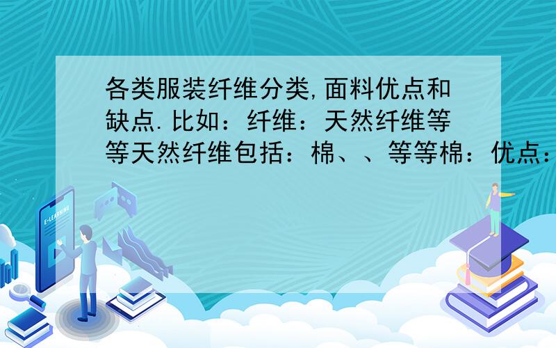 各类服装纤维分类,面料优点和缺点.比如：纤维：天然纤维等等天然纤维包括：棉、、等等棉：优点：缺点：常见：棉、涤纶、氨纶、腈纶、锦纶、莫代尔.