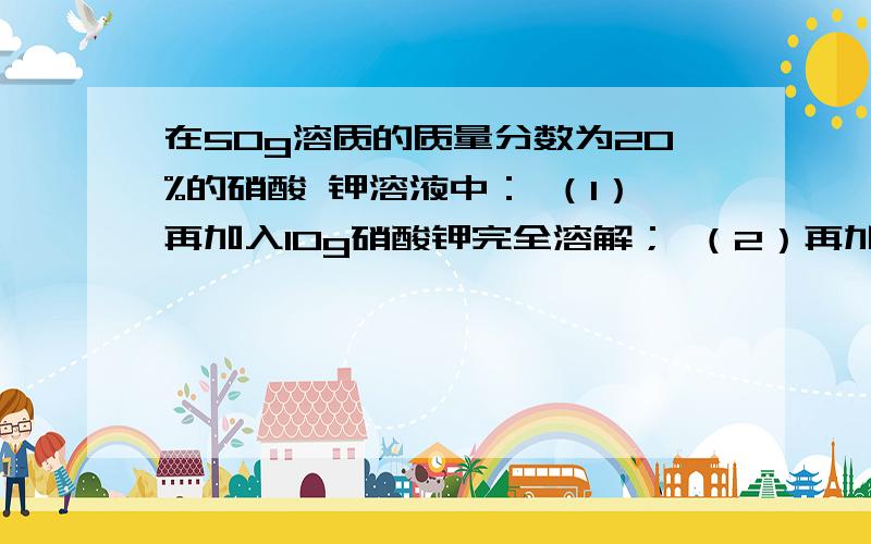 在50g溶质的质量分数为20%的硝酸 钾溶液中： （1）再加入10g硝酸钾完全溶解； （2）再加入10g水；（2）再加入10g水；   （3）蒸发掉10g水后硝酸钾  并没有从溶液    中析出.       硝酸钾溶液的