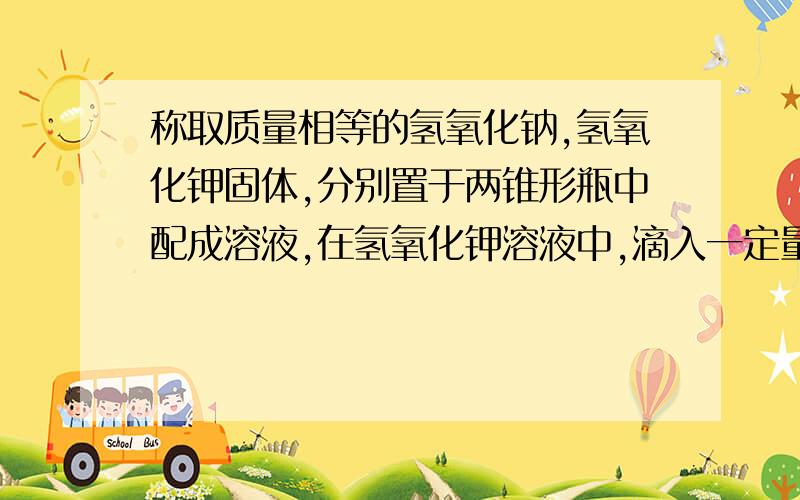 称取质量相等的氢氧化钠,氢氧化钾固体,分别置于两锥形瓶中配成溶液,在氢氧化钾溶液中,滴入一定量的盐酸恰好完全中和,将等量盐酸加入氢氧化钾溶液中,若滴入紫色石蕊试液中,指示剂呈( )