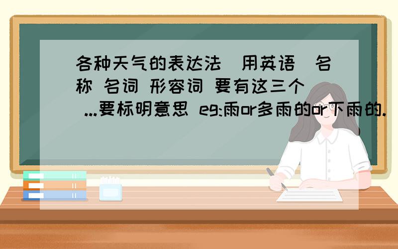 各种天气的表达法(用英语)名称 名词 形容词 要有这三个 ...要标明意思 eg:雨or多雨的or下雨的.