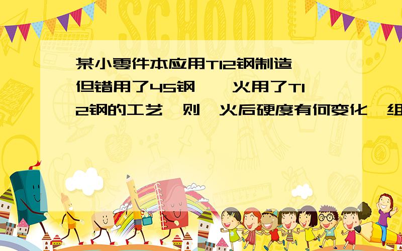 某小零件本应用T12钢制造,但错用了45钢,淬火用了T12钢的工艺,则淬火后硬度有何变化,组织有何变化