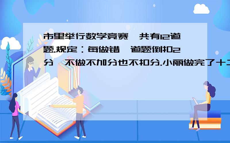 市里举行数学竞赛,共有12道题.规定：每做错一道题倒扣2分,不做不加分也不扣分.小丽做完了十二道题,得市里举行数学竞赛,共有12道题.规定：每做错一道题倒扣2分,做对一提加10分,不做不加