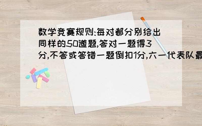 数学竞赛规则:每对都分别给出同样的50道题,答对一题得3分,不答或答错一题倒扣1分,六一代表队最后得分130分,那么六一班答对了多少道?