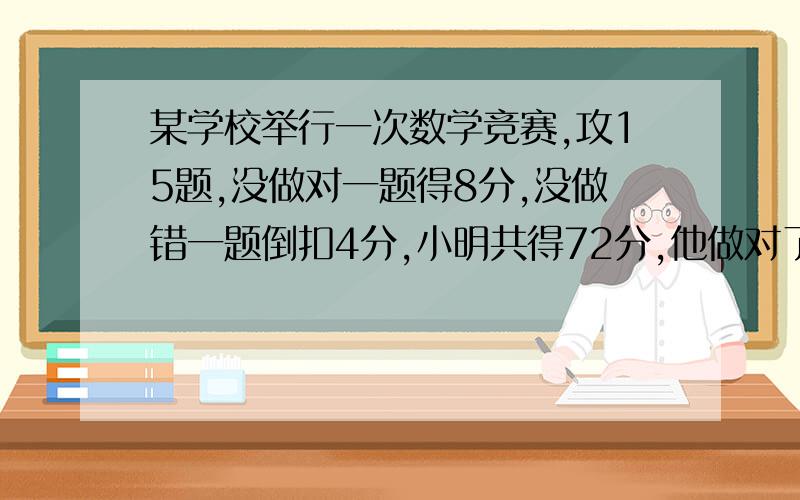 某学校举行一次数学竞赛,攻15题,没做对一题得8分,没做错一题倒扣4分,小明共得72分,他做对了多少题?