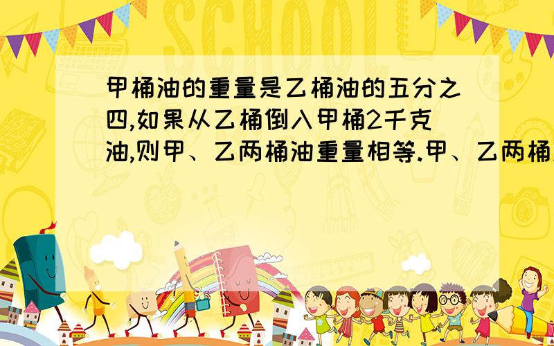 甲桶油的重量是乙桶油的五分之四,如果从乙桶倒入甲桶2千克油,则甲、乙两桶油重量相等.甲、乙两桶油原来各有多少千克?我研究了半天