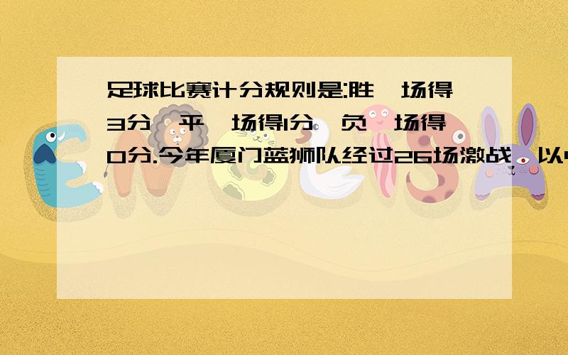 足球比赛计分规则是:胜一场得3分,平一场得1分,负一场得0分.今年厦门蓝狮队经过26场激战,以42分获“中超”联赛第五名,其中负6场,那么胜场数为（）