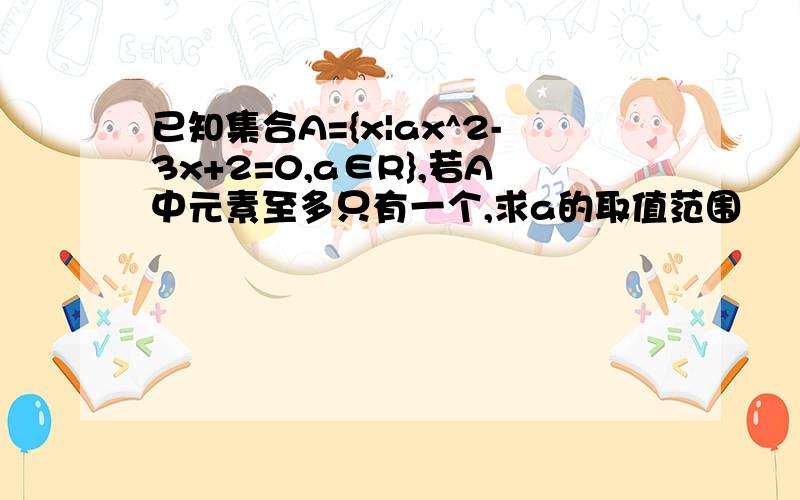 已知集合A={x|ax^2-3x+2=0,a∈R},若A中元素至多只有一个,求a的取值范围