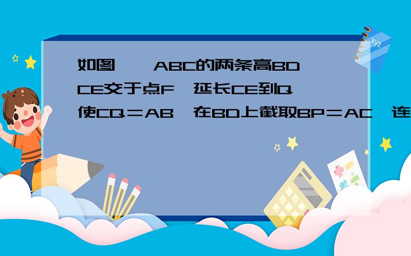 如图,△ABC的两条高BD、CE交于点F,延长CE到Q,使CQ＝AB,在BD上截取BP＝AC,连接AC.求证：（1）AQ＝AP（2）AQ⊥AP