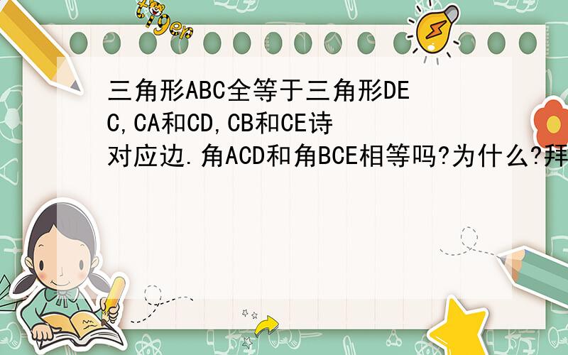 三角形ABC全等于三角形DEC,CA和CD,CB和CE诗对应边.角ACD和角BCE相等吗?为什么?拜托了各位 谢谢