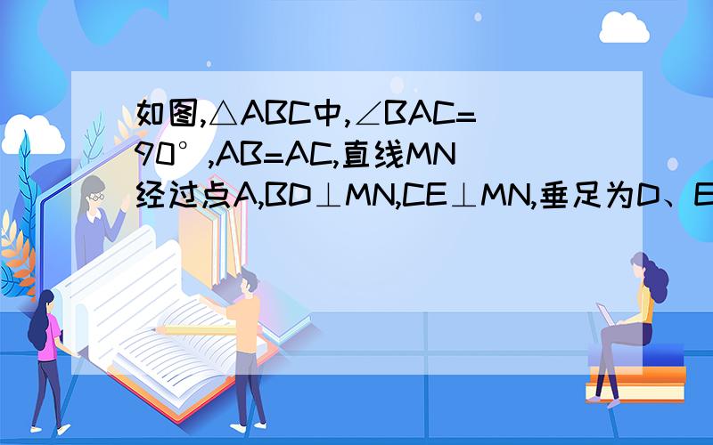 如图,△ABC中,∠BAC=90°,AB=AC,直线MN经过点A,BD⊥MN,CE⊥MN,垂足为D、E.求证：BD=AE.