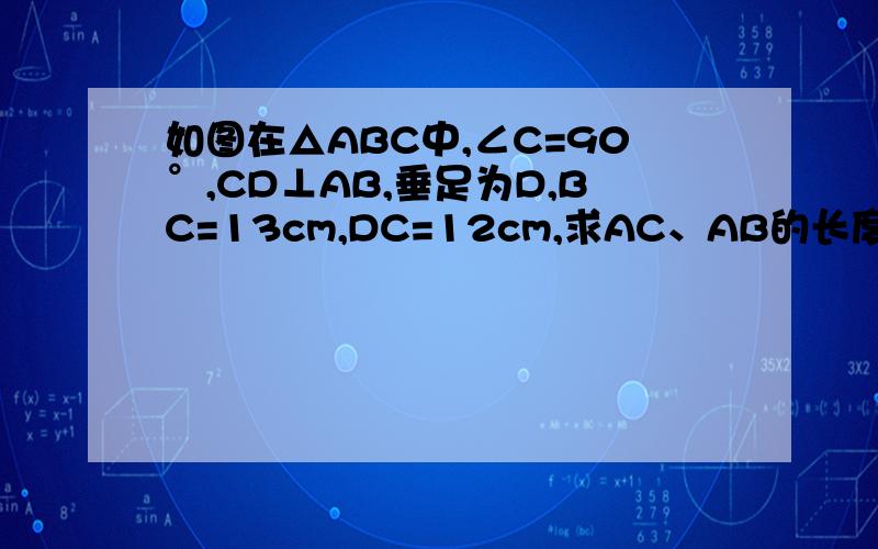 如图在△ABC中,∠C=90°,CD⊥AB,垂足为D,BC=13cm,DC=12cm,求AC、AB的长度