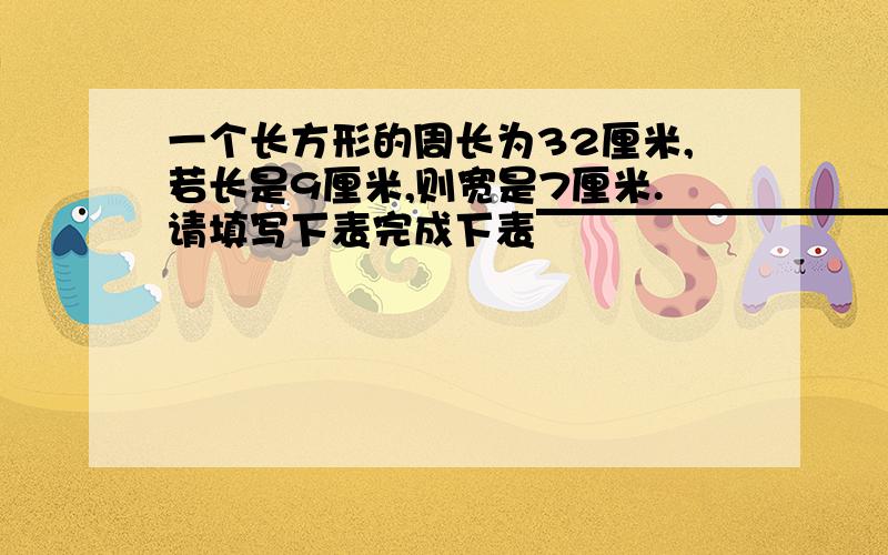 一个长方形的周长为32厘米,若长是9厘米,则宽是7厘米.请填写下表完成下表￣￣￣￣￣￣￣￣￣￣￣￣长/cm 9 8 7 6 5￣￣￣￣￣￣￣￣￣￣￣￣宽/cm 7 （）（）（）（）￣￣￣￣￣￣￣￣￣￣