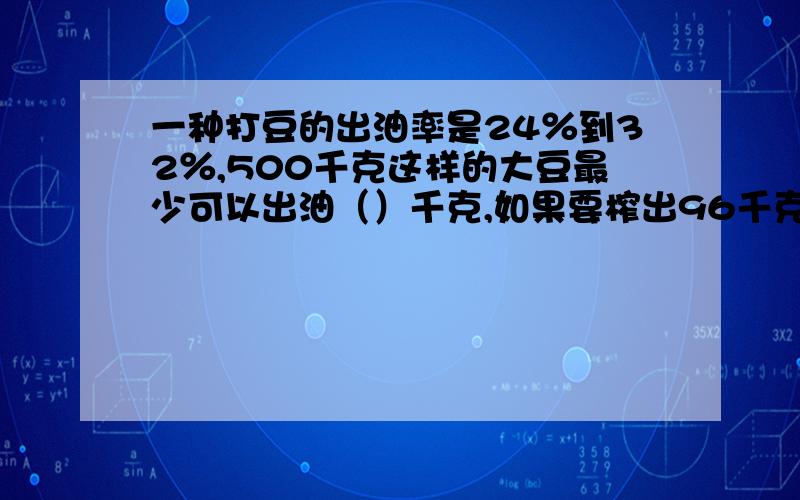 一种打豆的出油率是24％到32％,500千克这样的大豆最少可以出油（）千克,如果要榨出96千克油,最少需要大豆（）千克