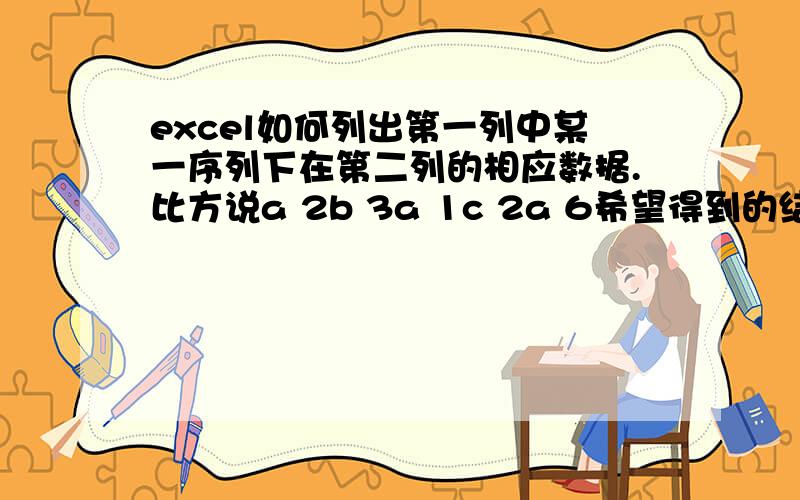 excel如何列出第一列中某一序列下在第二列的相应数据.比方说a 2b 3a 1c 2a 6希望得到的结果是,把第一列为a的对应第二列数据分别列出来a 2 a 1a 6