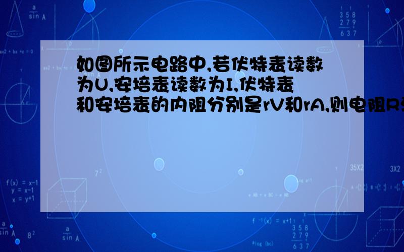 如图所示电路中,若伏特表读数为U,安培表读数为I,伏特表和安培表的内阻分别是rV和rA,则电阻R消耗的功率为 ( ).A、IU-IA B、IU-U^2/rV C、I^2(rV+rA) D、UI