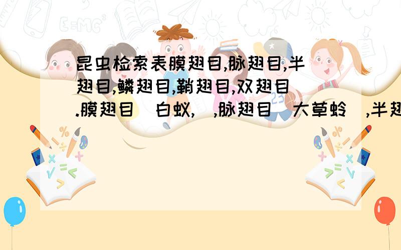 昆虫检索表膜翅目,脉翅目,半翅目,鳞翅目,鞘翅目,双翅目.膜翅目(白蚁,),脉翅目(大草蛉),半翅目(麦二叉蚜,绿盲蝽),鳞翅目(小菜蛾,草地螟),鞘翅目(稻水象甲,多异瓢虫,七星瓢虫,铜绿金龟子,茶