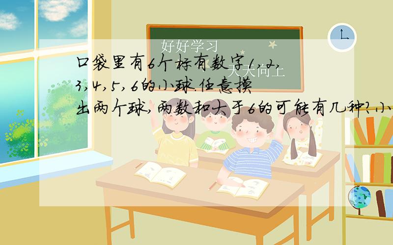 口袋里有6个标有数字1,2,3,4,5,6的小球.任意摸出两个球,两数和大于6的可能有几种?小于6的可能性有几种?