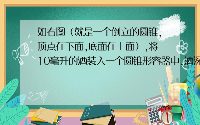 如右图（就是一个倒立的圆锥,顶点在下面,底面在上面）,将10毫升的酒装入一个圆锥形容器中,酒深正好占容器深的一半,请问再添入多少毫升酒才能装满此容器?