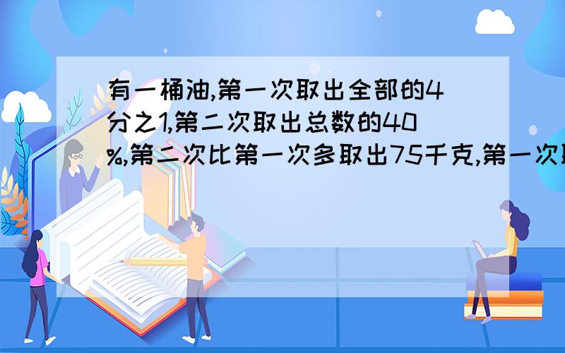 有一桶油,第一次取出全部的4分之1,第二次取出总数的40%,第二次比第一次多取出75千克,第一次取出多少千克?请看清题目】