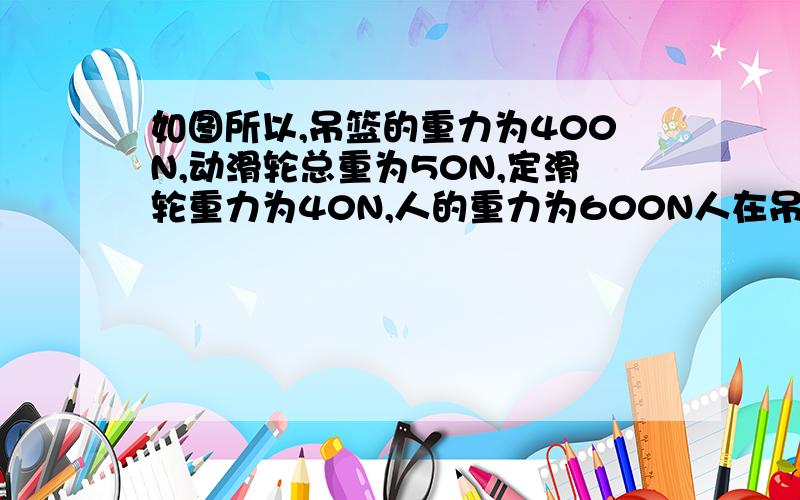 如图所以,吊篮的重力为400N,动滑轮总重为50N,定滑轮重力为40N,人的重力为600N人在吊篮里拉绳子需用力（ ）A .218N B.220N C.210N D.236N