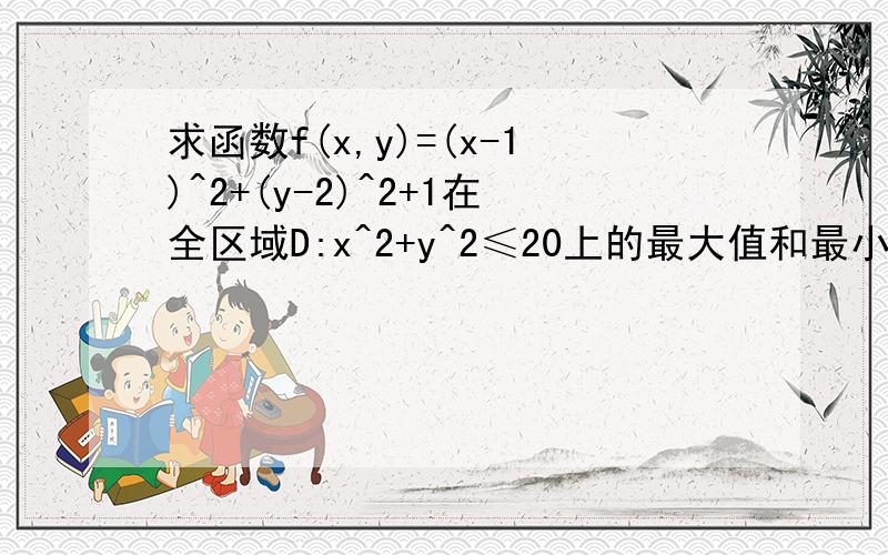 求函数f(x,y)=(x-1)^2+(y-2)^2+1在全区域D:x^2+y^2≤20上的最大值和最小值