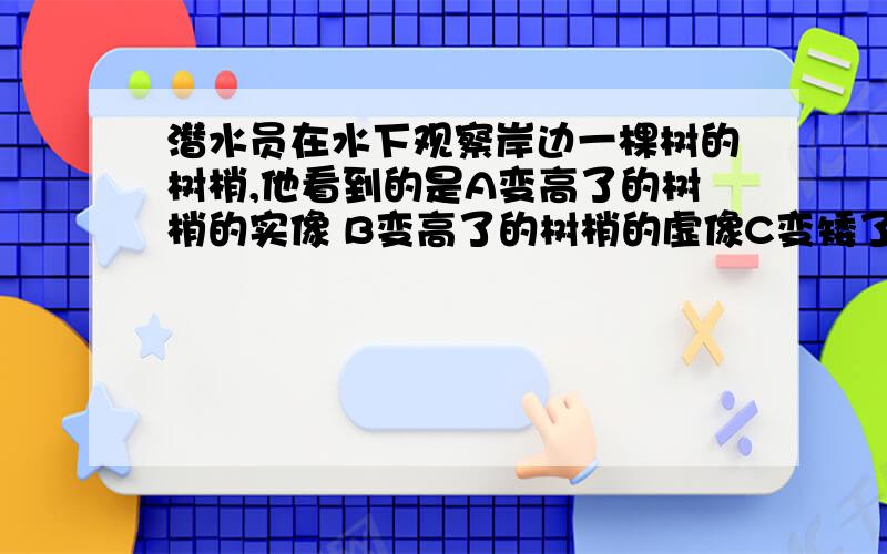 潜水员在水下观察岸边一棵树的树梢,他看到的是A变高了的树梢的实像 B变高了的树梢的虚像C变矮了的树梢的虚像 D变矮了的树梢的实像