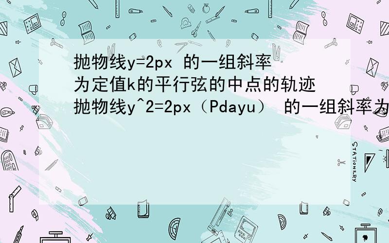 抛物线y=2px 的一组斜率为定值k的平行弦的中点的轨迹抛物线y^2=2px（Pdayu） 的一组斜率为定值k的平行弦的中点的轨迹是?A圆 B抛物线 C椭圆 D射线（不含端点）