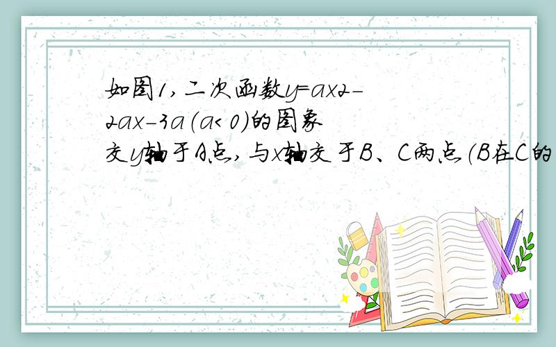 如图1,二次函数y=ax2-2ax-3a（a＜0）的图象交y轴于A点,与x轴交于B、C两点（B在C的右边）,顶点为D（1）求B点的坐标并直接写出A、D的坐标（用含a的式子表示）（2）若以A、B、D为定点的三角形为