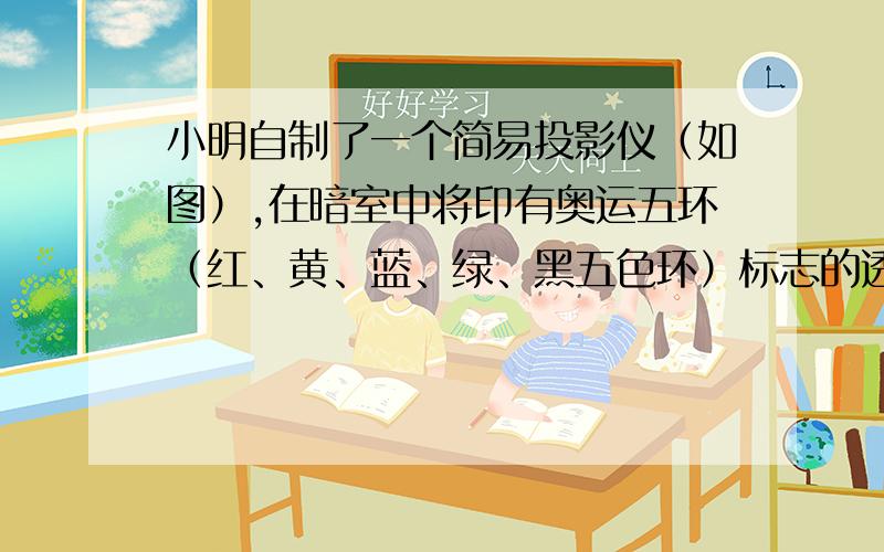 小明自制了一个简易投影仪（如图）,在暗室中将印有奥运五环（红、黄、蓝、绿、黑五色环）标志的透明胶片,贴在发白光的手电筒上,并正对着焦距为10cm 的凸透镜.调整手电筒、凸透镜、白