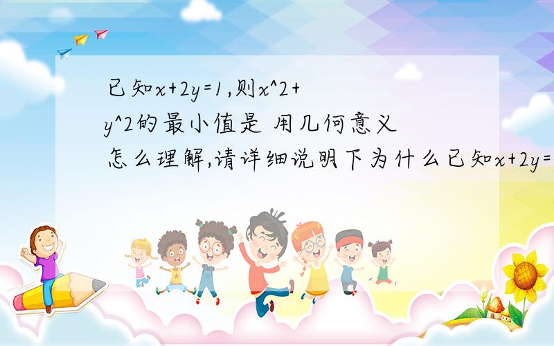 已知x+2y=1,则x^2+y^2的最小值是 用几何意义怎么理解,请详细说明下为什么已知x+2y=1,则x^2+y^2的最小值是用几何意义怎么理解,请详细说明下为什么能取到最小值