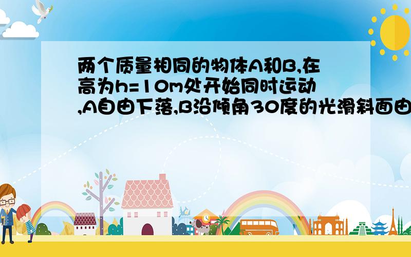 两个质量相同的物体A和B,在高为h=10m处开始同时运动,A自由下落,B沿倾角30度的光滑斜面由静止开始下滑,以最低点为零势能点.A、B在1s末的动能之比为_______,重力势能之比为________,到达地面的动