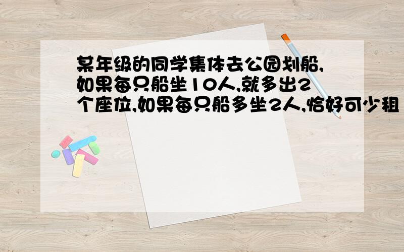 某年级的同学集体去公园划船,如果每只船坐10人,就多出2个座位,如果每只船多坐2人,恰好可少租1只船,这样,共需租几只船?用解方程解,至于什么y没学过.