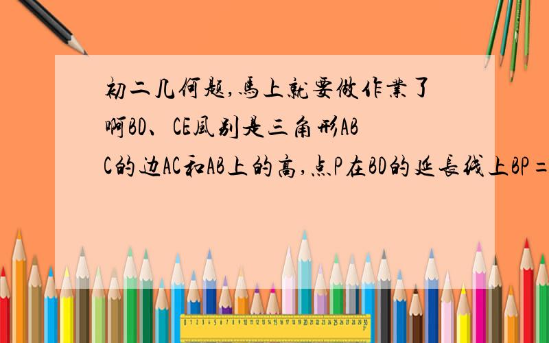 初二几何题,马上就要做作业了啊BD、CE风别是三角形ABC的边AC和AB上的高,点P在BD的延长线上BP=AC点Q在CE上,CQ=AB求证：①AP=AQ②AP⊥AQ