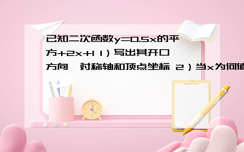 已知二次函数y=0.5x的平方+2x+1 1）写出其开口方向,对称轴和顶点坐标 2）当x为何值时,y随x的增大而减小?当x为何值时,y随x的增大而增大?