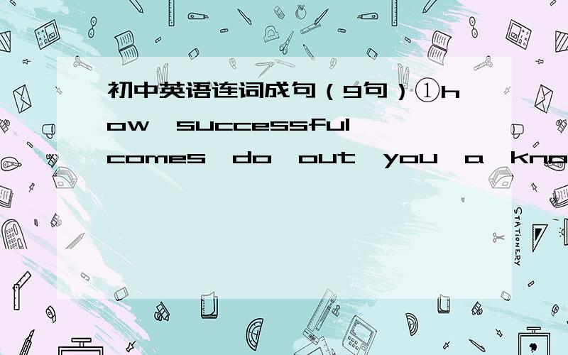 初中英语连词成句（9句）①how,successful,comes,do,out,you,a,know,film（?）②wonder,I,will,what,next,happen（.）③my,shopping,is,closest,house,to,the,mall,the（.）④bread,on,of,two,put,spoons,butter,the（.）⑤available,I,come,fa