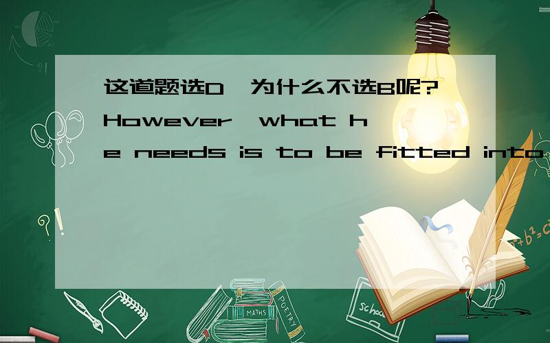 这道题选D,为什么不选B呢?However,what he needs is to be fitted into a highly organized university system quite different from ___at home.A those B which C what D that