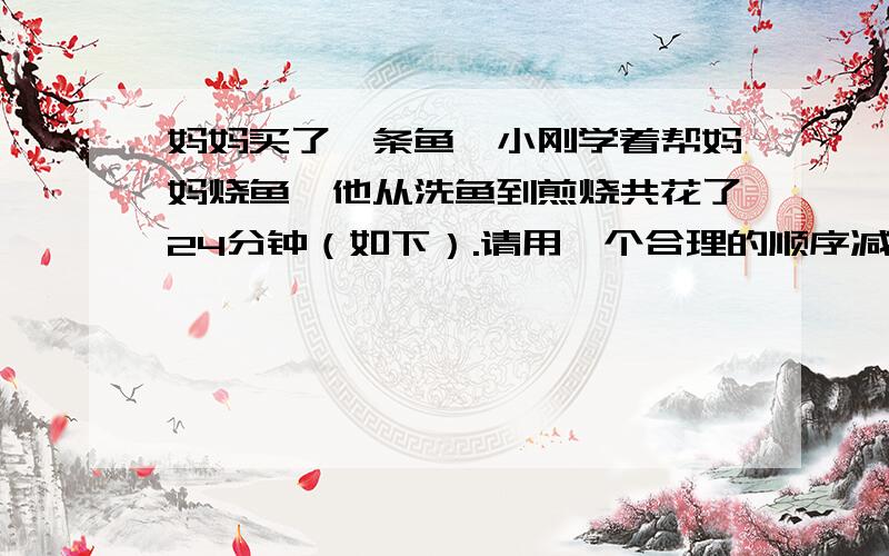 妈妈买了一条鱼,小刚学着帮妈妈烧鱼,他从洗鱼到煎烧共花了24分钟（如下）.请用一个合理的顺序减少时间洗鱼、切鱼、切姜片、洗锅、锅烧热、油烧热、煎烧3分 1分 1分 2分 1分 1分 要使时