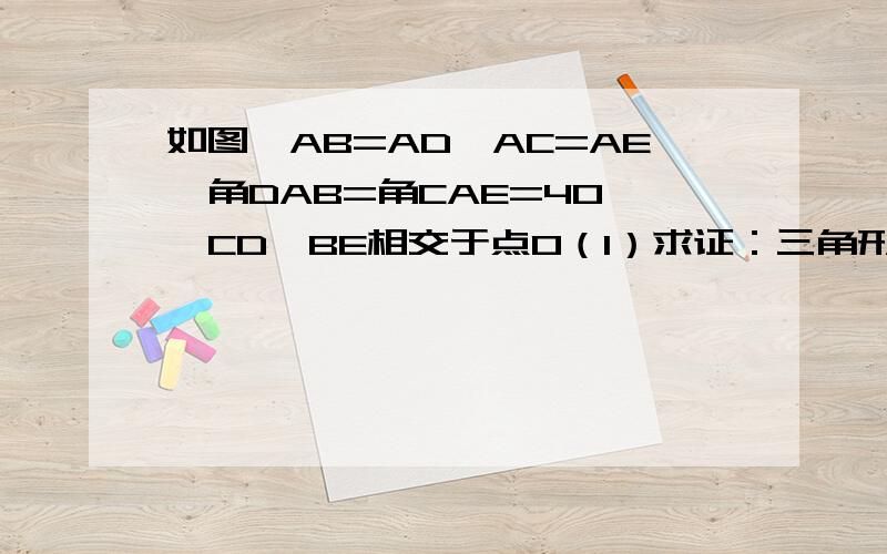 如图,AB=AD,AC=AE,角DAB=角CAE=40°,CD、BE相交于点O（1）求证：三角形ACD全等于三角形AEB（2）求角BOC的度数第二题一定要详细