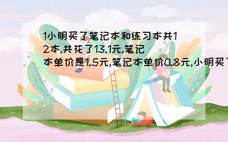 1小明买了笔记本和练习本共12本,共花了13.1元,笔记本单价是1.5元,笔记本单价0.8元,小明买了笔记本多少本2小菲和同学参观科学宫和博物馆,买了10张门票花了98元,已知科学宫的门票每张20元,博