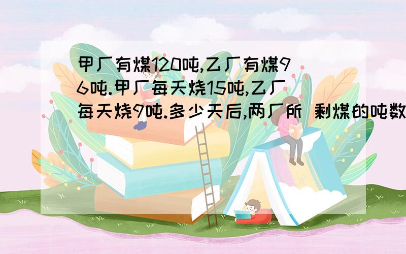 甲厂有煤120吨,乙厂有煤96吨.甲厂每天烧15吨,乙厂每天烧9吨.多少天后,两厂所 剩煤的吨数相等?要列式,要分析哦.(*^__^*) 嘻嘻……(ˇˍˇ） 想～!