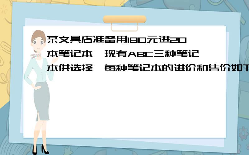 某文具店准备用180元进20本笔记本,现有ABC三种笔记本供选择,每种笔记本的进价和售价如下表所示：某文具店准备用180元钱进20本笔记本,现有ABC三种类型的笔记本供选择,每种笔记本的进价和