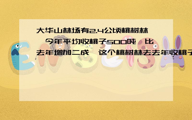 大华山林场有2.4公顷桃树林,今年平均收桃子500吨,比去年增加二成,这个桃树林去去年收桃子多少吨?