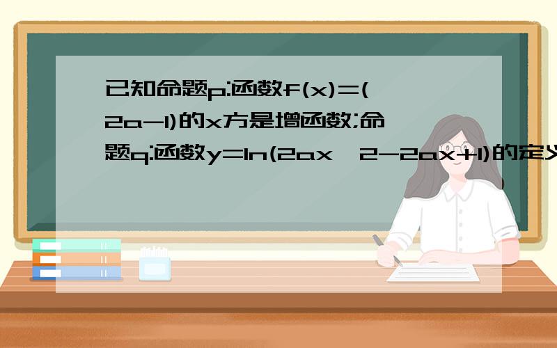 已知命题p:函数f(x)=(2a-1)的x方是增函数;命题q:函数y=ln(2ax∧2-2ax+1)的定义域为R若p或q为真,p且q为假,求实数a的取值范围